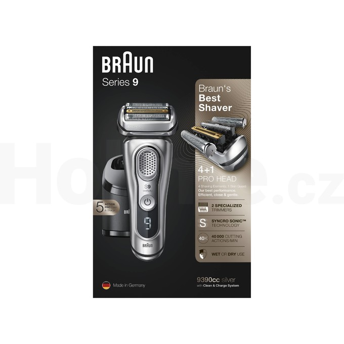 Braun Series 9 9390cc Wet&Dry holicí strojek, STŘÍBRNÝ